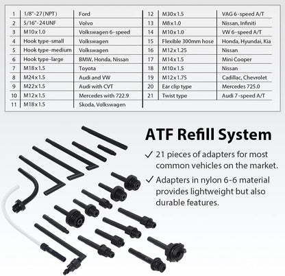 A1139HNUS Patented 12.5L Automatic Transmission Fluid Pump for ATF Filler System with 21 Pieces Taiwan-ATF Filling Adapters, Pneumatic and Manual Operation for Refilling Use