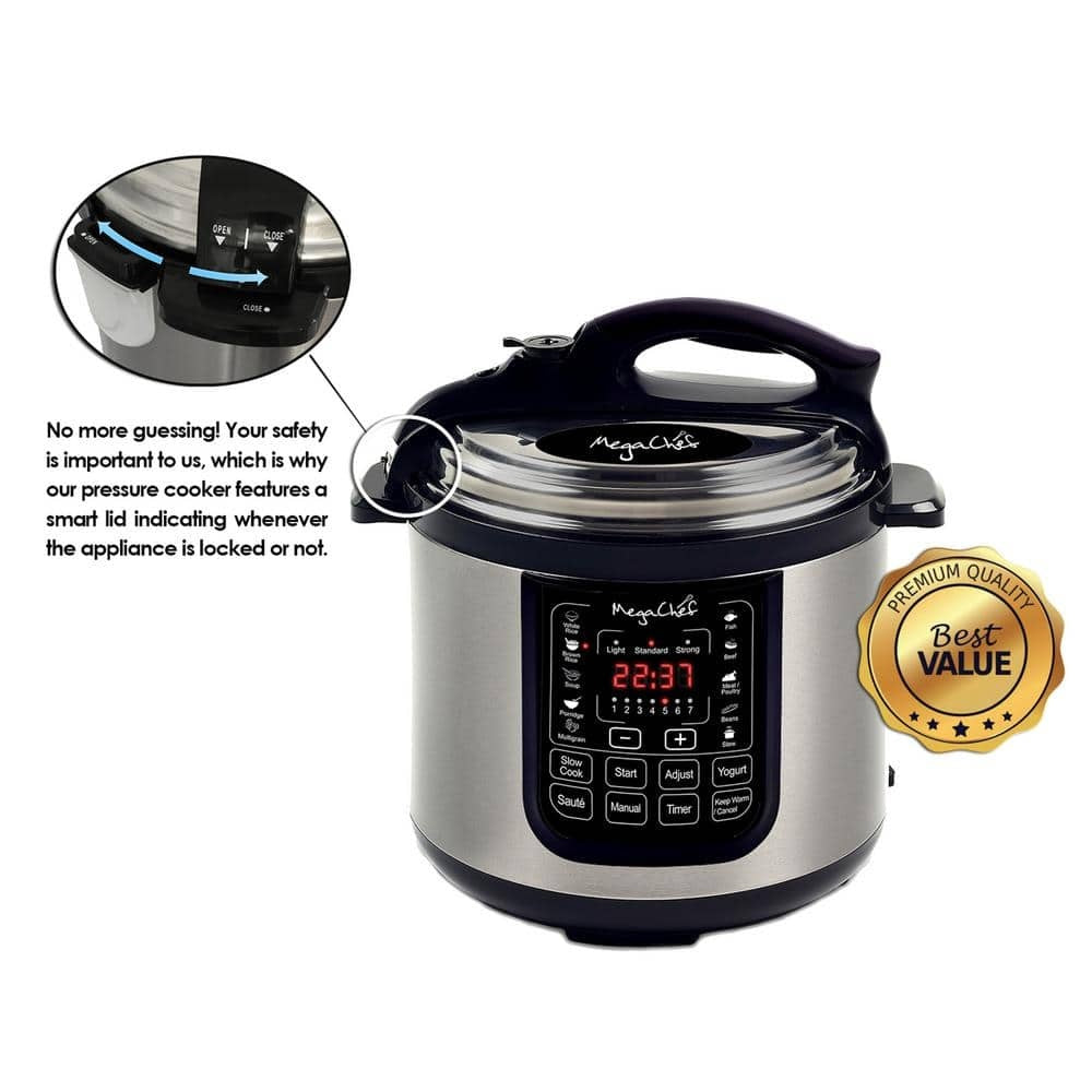 MegaChef 8 Qt Stainless Steel Electric Pressure Cooker with Digital Presets & Slow Cook Function
