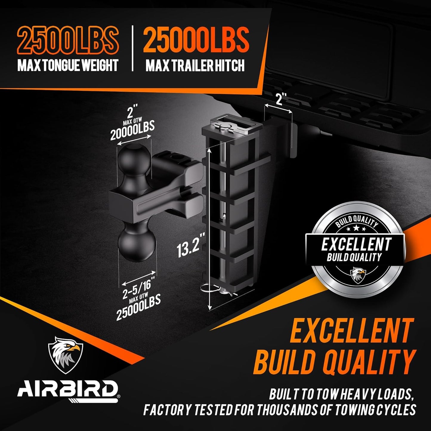 Adjustable Trailer Hitch Fits 2-Inch Receiver, Heavy Duty Tow Hitches (17000 LBS GTW) 6 Inch Drop Truck Hitch Tri-Ball Mount with Hook (1-7/8" x 2" x 2-5/16")