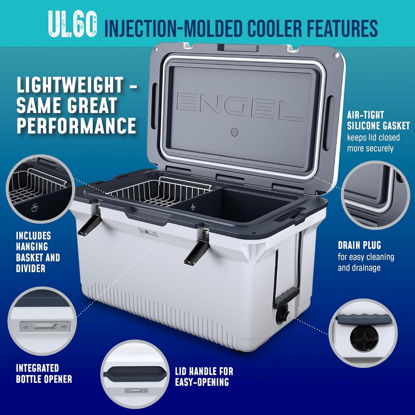 60 QT Ultra-Light Injection Molded Cooler - Ice Chest Keeps Ice up to 7 Days - Large Cooler Includes Wire Basket, Divider and Built-in Bottle Opener