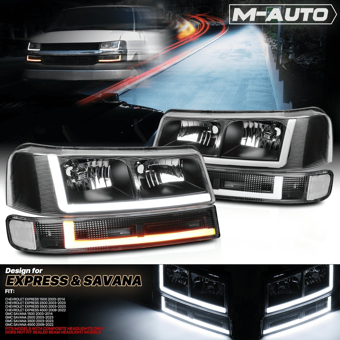 A set of 4 LED running light bars L+R black headlights + bumper signals for 2003-2014 Chevrolet Express 1500,2003-2023 Chevrolet Express 2500