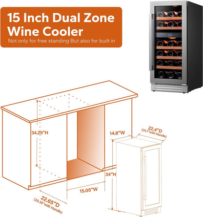 24'' Wine Cooler Refrigerator - 46 Bottle Wine Fridge Dual Zone with Modern Touch Intelligent Digital 40°-65°F Low Noise, Built in or Freestanding Wine Cooler for Home and Kitchen