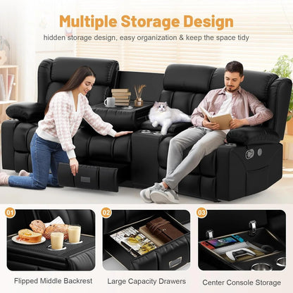 3 Seat Reclining Sofa with Storage Drawer USB Ports & Cup Holders Manual Couch