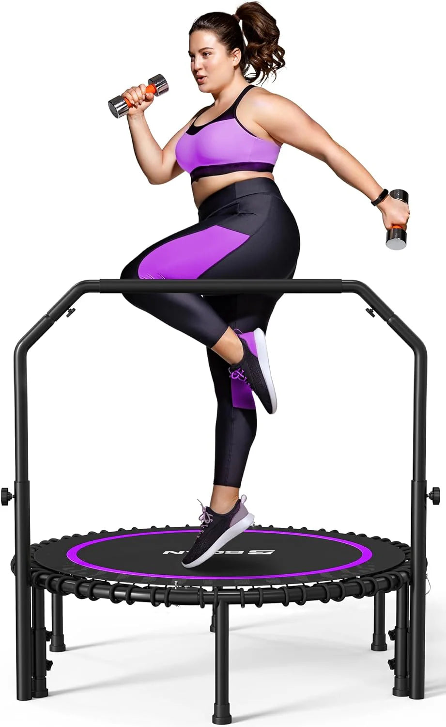 BCAN 450/550 LBS Foldable Mini Trampoline, 40"/48" Fitness Trampoline with Bungees, U Shape Adjustable Foam Handle, Stable & Quiet Exercise Rebounder for Adults Indoor/Outdoor Workout