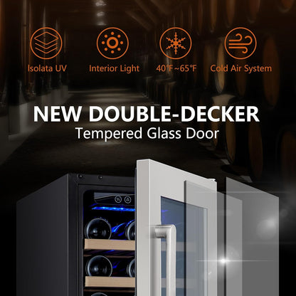 24 inch Wine Cooler, 46 Bottle - Dual Zone Built-in or Freestanding Fridge with Stainless Steel Reversible Glass Door, for Home, Kitchen, or Office.