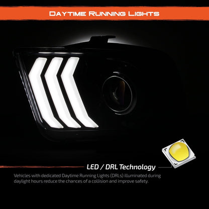 AKKON - Fits 2005-2009 Ford Mustang LED Tube DRL Parking Halogen Type Projector Black Headlights Pair Driver+Passenger