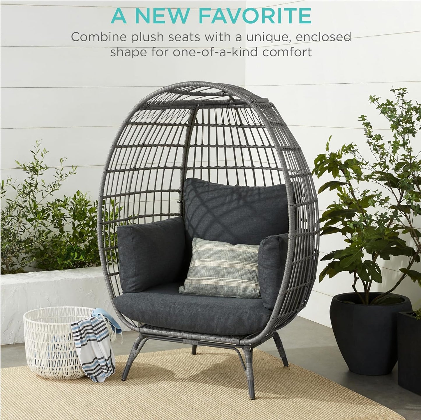 Best Choice Products Wicker Egg Chair, Oversized Indoor Outdoor Lounger for Patio, Backyard, Living Room w/ 4 Cushions, Steel Frame, 440lb Capacity - Ivory