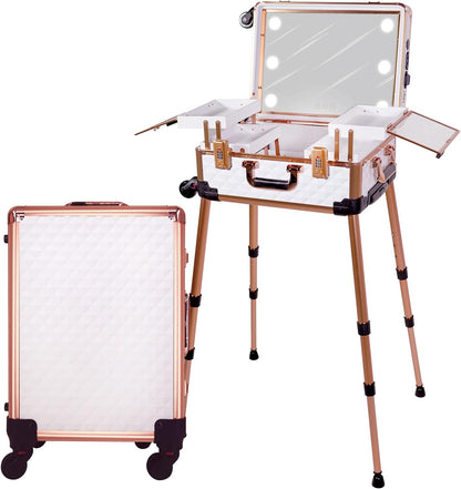 Medium Makeup Train Case with Code Lock, Lighted Mirror, Speaker Travel Cosmetic Organizer Box, Professional Artist Trolley Studio Free Standing Case