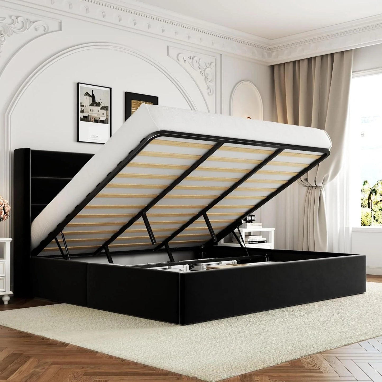 Allewie Queen Size Lift Up Storage Bed, Modern Wingback Headboard, Hydraulic Support, No Box Spring Needed, Light Beige