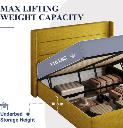 Allewie Queen Size Lift Up Storage Bed, Modern Wingback Headboard, Hydraulic Support, No Box Spring Needed, Light Beige
