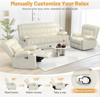 3 Seat Reclining Sofa with Storage Drawer USB Ports & Cup Holders Manual Couch