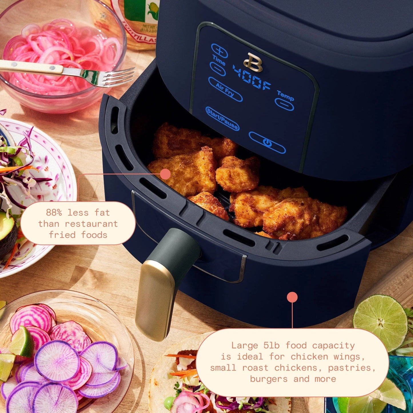 Beautiful 6 Qt Air Fryer with TurboCrisp Technology and Touch-Activated Display, Starry Night by Drew Barrymore, Blue