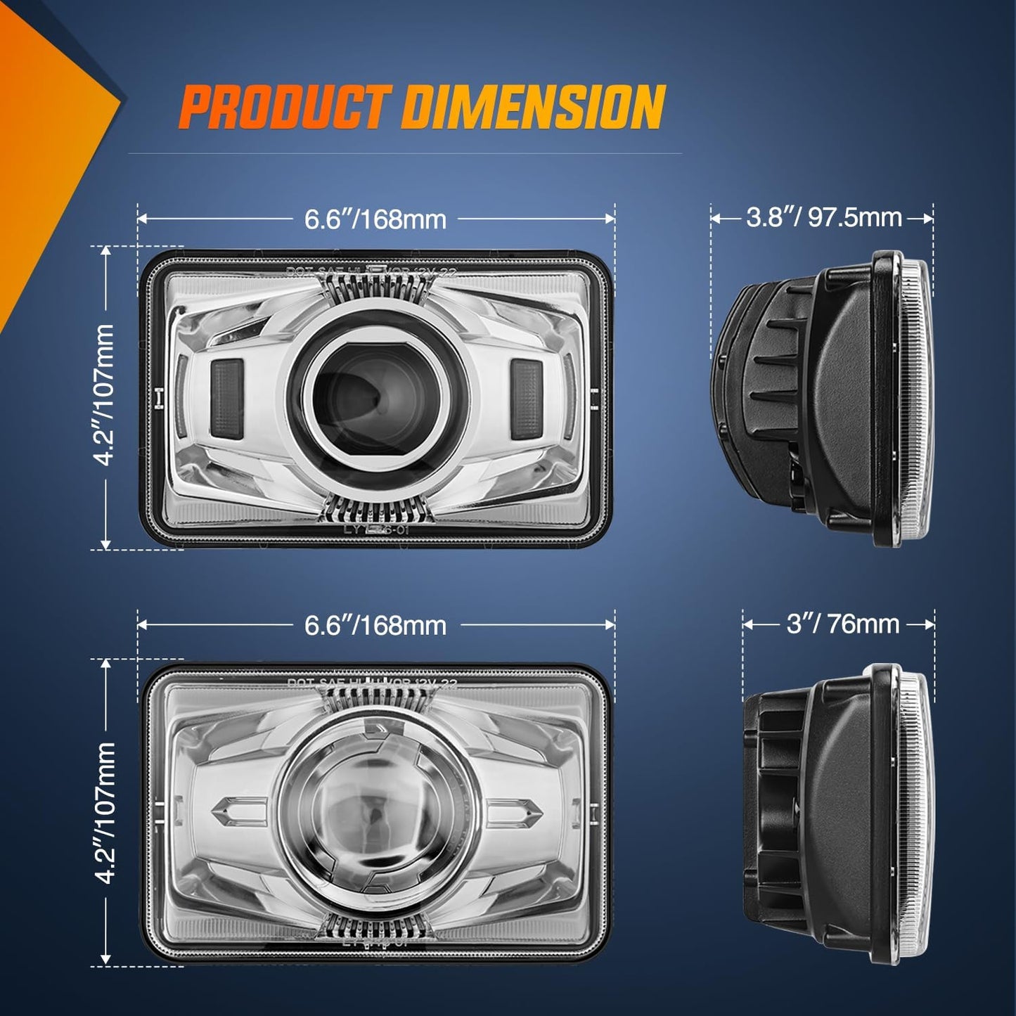 4x6 "Led Headlights 60W DOT Approved Hi/Lo Sealed Beam Rectangular headlights Replacement H4651 H4652 H4656 H4666 H6545 Compatible Kenworth Peter Bill Ford Freighter (silver, 4PCS)
