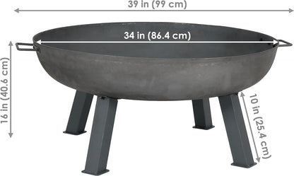 34-Inch Rustic Cast Iron Outdoor Raised Fire Pit Bowl with Handles - Oxidized Finish