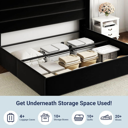 Allewie Queen Size Lift Up Storage Bed, Modern Wingback Headboard, Hydraulic Support, No Box Spring Needed, Light Beige