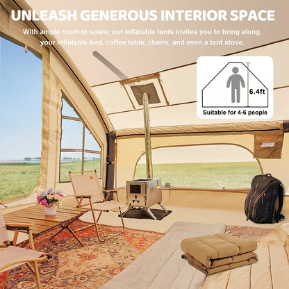 6 Person Inflatable Camping Tent with Pump, 10ft x7ft Glamping Family Tent Easy Setup 4 Season Waterproof Windproof Outdoor Blow Up Tent Luxury Oxford Cabin with Mesh Windows & Doors