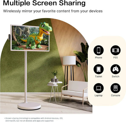 32-Inch Portable TV, 1080P FHD Rolling TV on Wheels with Rotatable Touch Screen, Android 13 OS, 8G RAM+128G Storage, Built-in Battery, Full Swivel Rotation, Voice Remote