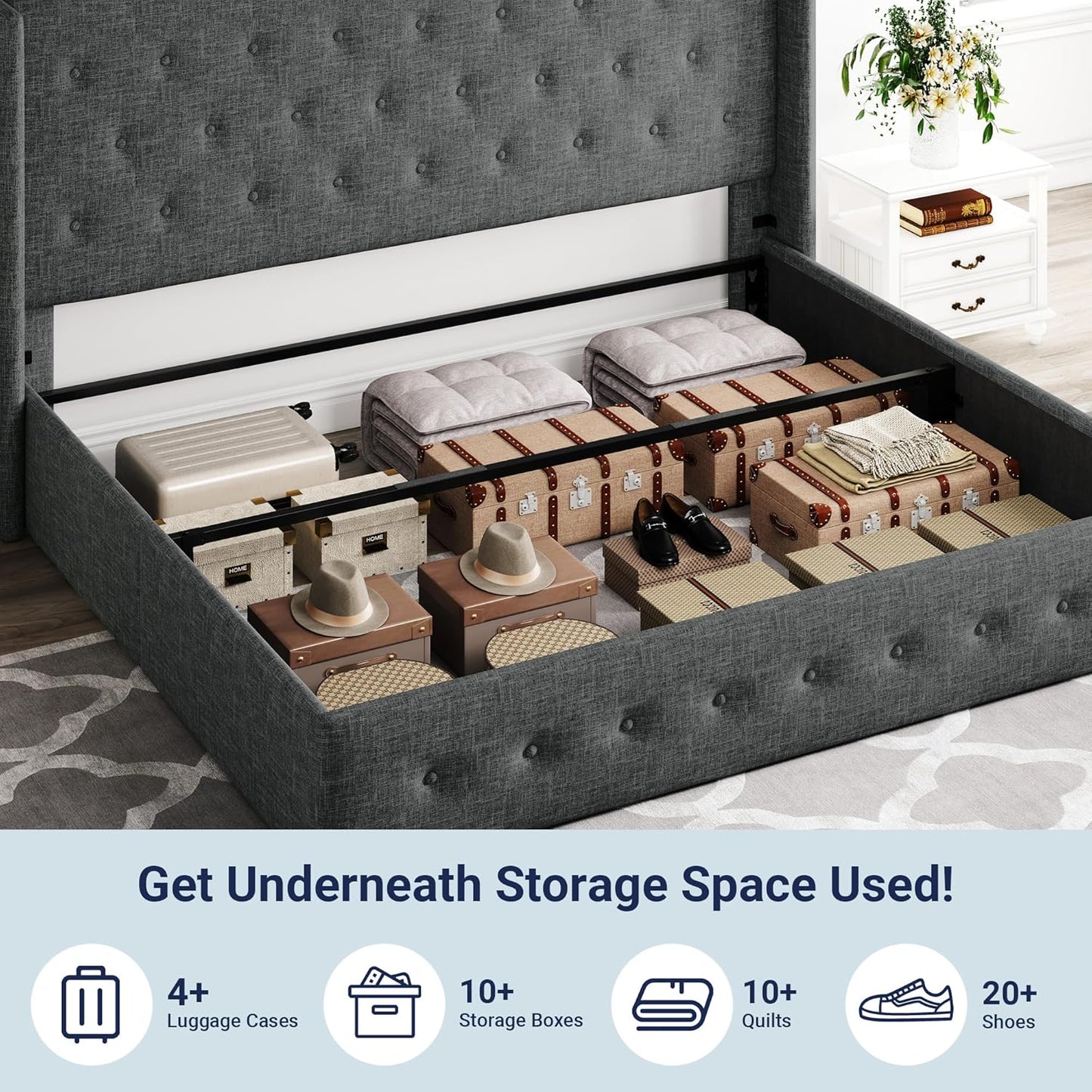 Allewie Queen Size Lift Up Storage Bed, Modern Wingback Headboard, Hydraulic Support, No Box Spring Needed, Light Beige