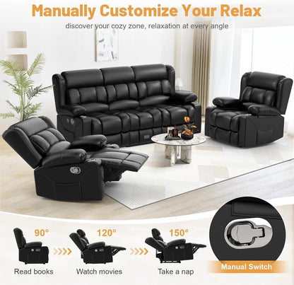 3 Seat Reclining Sofa with Storage Drawer USB Ports & Cup Holders Manual Couch