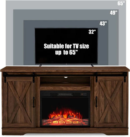 AMERLIFE Fireplace TV Stand with Sliding Barn Door for TVs up to 73", Farmhouse 63" Fireplace Entertainment Center with Storage Cabinets/Adjustable Shelves