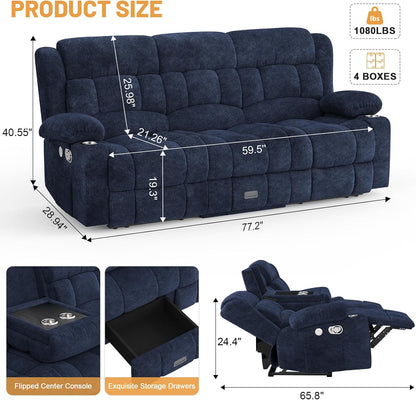 3 Seat Reclining Sofa with Storage Drawer USB Ports & Cup Holders Manual Couch