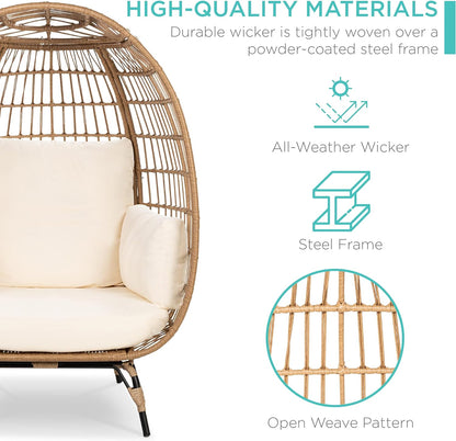 Best Choice Products Wicker Egg Chair, Oversized Indoor Outdoor Lounger for Patio, Backyard, Living Room w/ 4 Cushions, Steel Frame, 440lb Capacity - Ivory