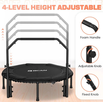 BCAN 450/550 LBS Foldable Mini Trampoline, 40"/48" Fitness Trampoline with Bungees, U Shape Adjustable Foam Handle, Stable & Quiet Exercise Rebounder for Adults Indoor/Outdoor Workout