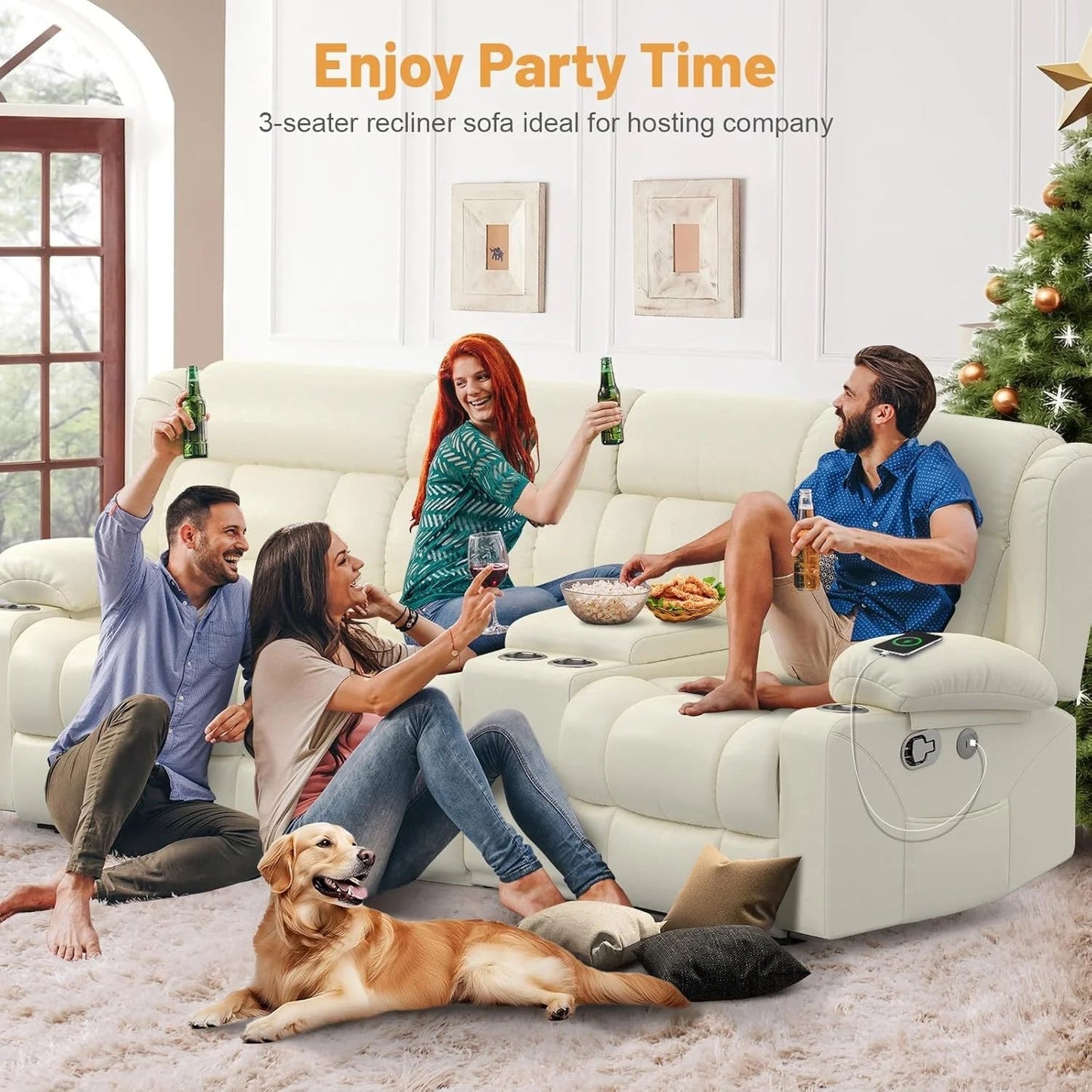 3 Seat Reclining Sofa with Storage Drawer USB Ports & Cup Holders Manual Couch