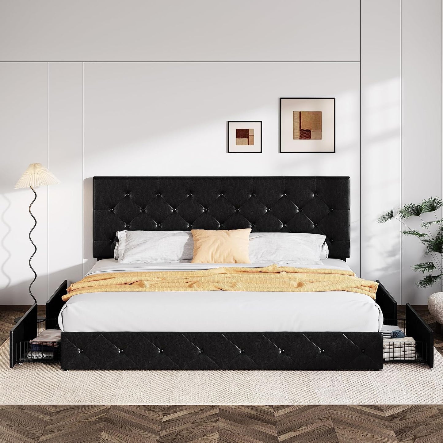 Allewie Upholstered Queen Size Platform Bed Frame with 4 Storage Drawers and Headboard, Square Stitched Button Tufted, Mattress Foundation with Wooden Slats Support, No Box Spring Needed, Light Grey