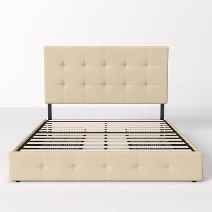 Allewie Upholstered Queen Size Platform Bed Frame with 4 Storage Drawers and Headboard, Square Stitched Button Tufted, Mattress Foundation with Wooden Slats Support, No Box Spring Needed, Light Grey