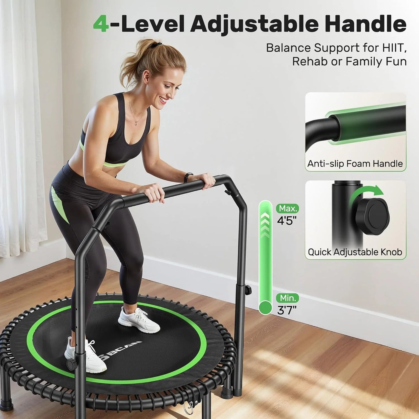 BCAN 450/550 LBS Foldable Mini Trampoline, 40"/48" Fitness Trampoline with Bungees, U Shape Adjustable Foam Handle, Stable & Quiet Exercise Rebounder for Adults Indoor/Outdoor Workout