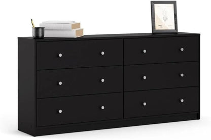 3-Pc Scandinavian Design Engineered Wood Bedroom Furniture Set with 3-Drawer Chest & 6-Drawer Double Dresser & 1-Drawer Nightstand, Pewter Plastic Handles, Smooth Plastic Glides, in Black