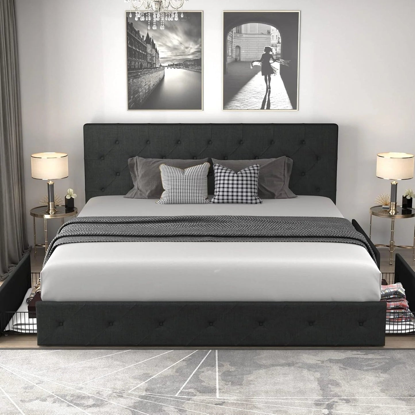 Allewie Upholstered Queen Size Platform Bed Frame with 4 Storage Drawers and Headboard, Square Stitched Button Tufted, Mattress Foundation with Wooden Slats Support, No Box Spring Needed, Light Grey